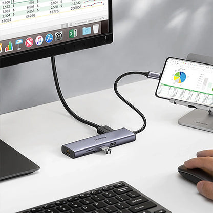 Adaptor multifunctional UGREEN USB C CM512, 2 x USB-A 3.0, 1 x USB-C, 1 x HDMI, 1 x RJ45, 1 x SD, 1 x microSD, Gri