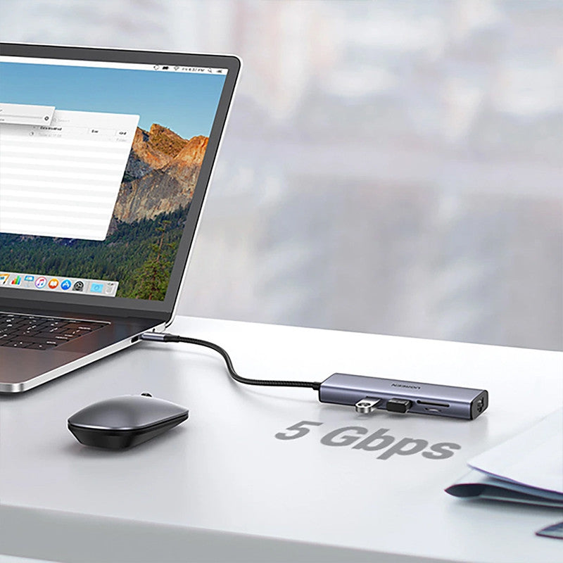 Adaptor multifunctional UGREEN USB C CM512, 2 x USB-A 3.0, 1 x USB-C, 1 x HDMI, 1 x RJ45, 1 x SD, 1 x microSD, Gri