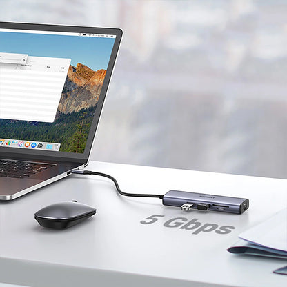Adaptor multifunctional UGREEN USB C CM512, 2 x USB-A 3.0, 1 x USB-C, 1 x HDMI, 1 x RJ45, 1 x SD, 1 x microSD, Gri