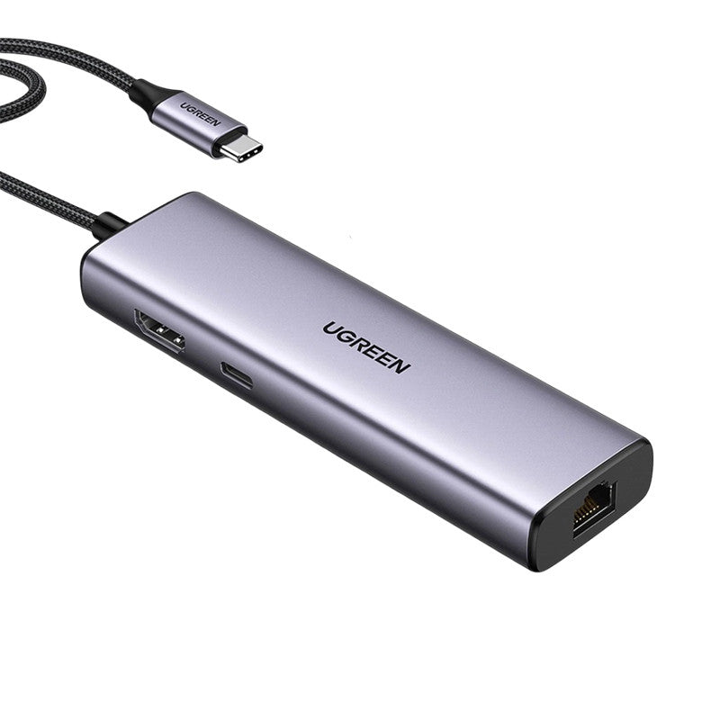 Adaptor multifunctional UGREEN USB C CM512, 2 x USB-A 3.0, 1 x USB-C, 1 x HDMI, 1 x RJ45, 1 x SD, 1 x microSD, Gri