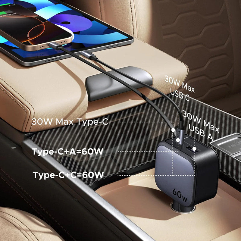 Incarcator auto rapid cu cablu retractabil UGREEN 60W Fast Car Charger EC602 USB-C/A