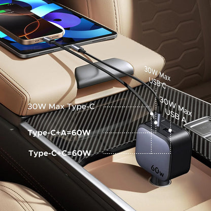 Incarcator auto rapid cu cablu retractabil UGREEN 60W Fast Car Charger EC602 USB-C/A