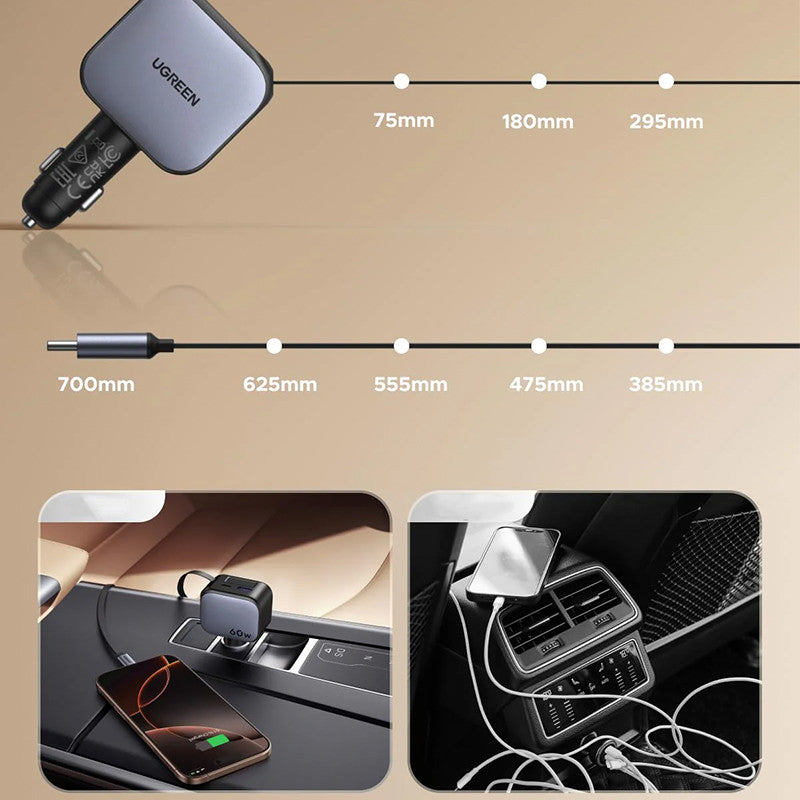 Incarcator auto rapid cu cablu retractabil UGREEN 60W Fast Car Charger EC602 USB-C/A