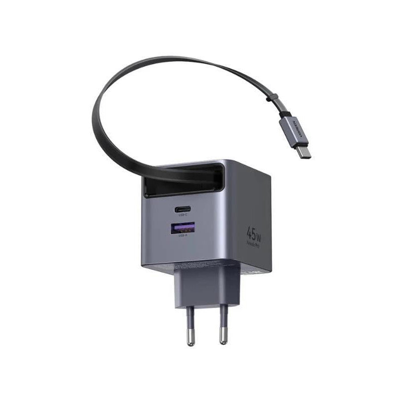 Incarcator rapid cu cablu retractabil UGREEN 45W GaN Fast Charger X614, 2 x USB C + 1 x USB A, Gri