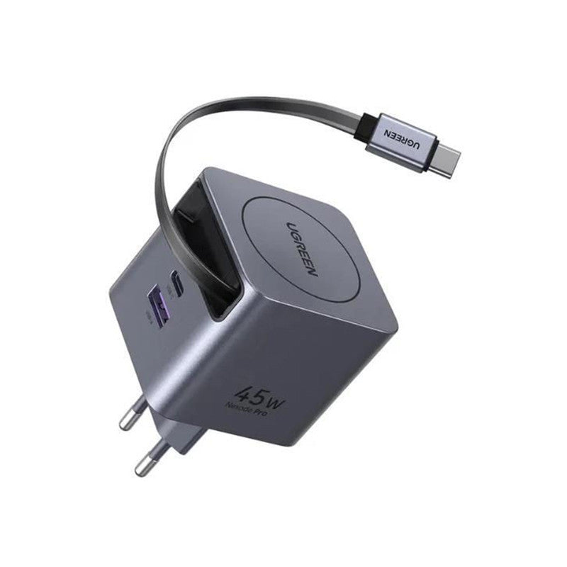 Incarcator rapid cu cablu retractabil UGREEN 45W GaN Fast Charger X614, 2 x USB C + 1 x USB A, Gri