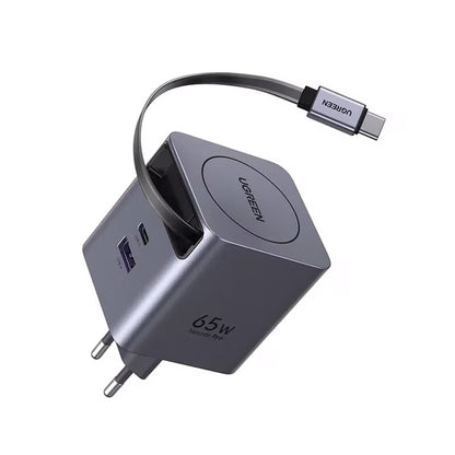 Incarcator rapid cu cablu retractabil UGREEN 65W GaN Fast Charger X615, 2 x USB C + 1 x USB A, Gri