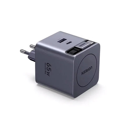Incarcator rapid cu cablu retractabil UGREEN 65W GaN Fast Charger X615, 2 x USB C + 1 x USB A, Gri