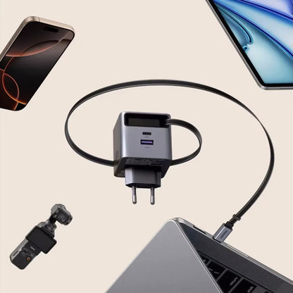 Incarcator rapid cu cablu retractabil UGREEN 65W GaN Fast Charger X615, 2 x USB C + 1 x USB A, Gri