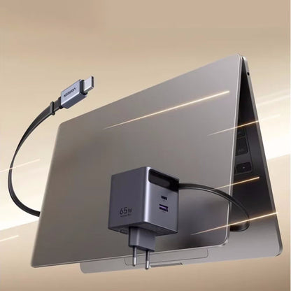 Incarcator rapid cu cablu retractabil UGREEN 65W GaN Fast Charger X615, 2 x USB C + 1 x USB A, Gri